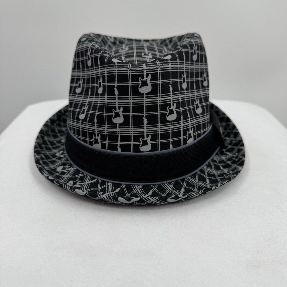 Fender Mens Axe Plaid Fedora S/M 24" Black Guitar Print Rockabilly Music Hat New